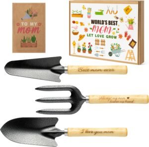 3Pcs Gardening Tool Gifts Kit for Mom, Stainless Steel Garden Tool Set with Wooden Handle Outdoor Small Garden Hand Tools Includes Hand Trowel Transplant Trowel Cultivator for Plant Lovers Gift