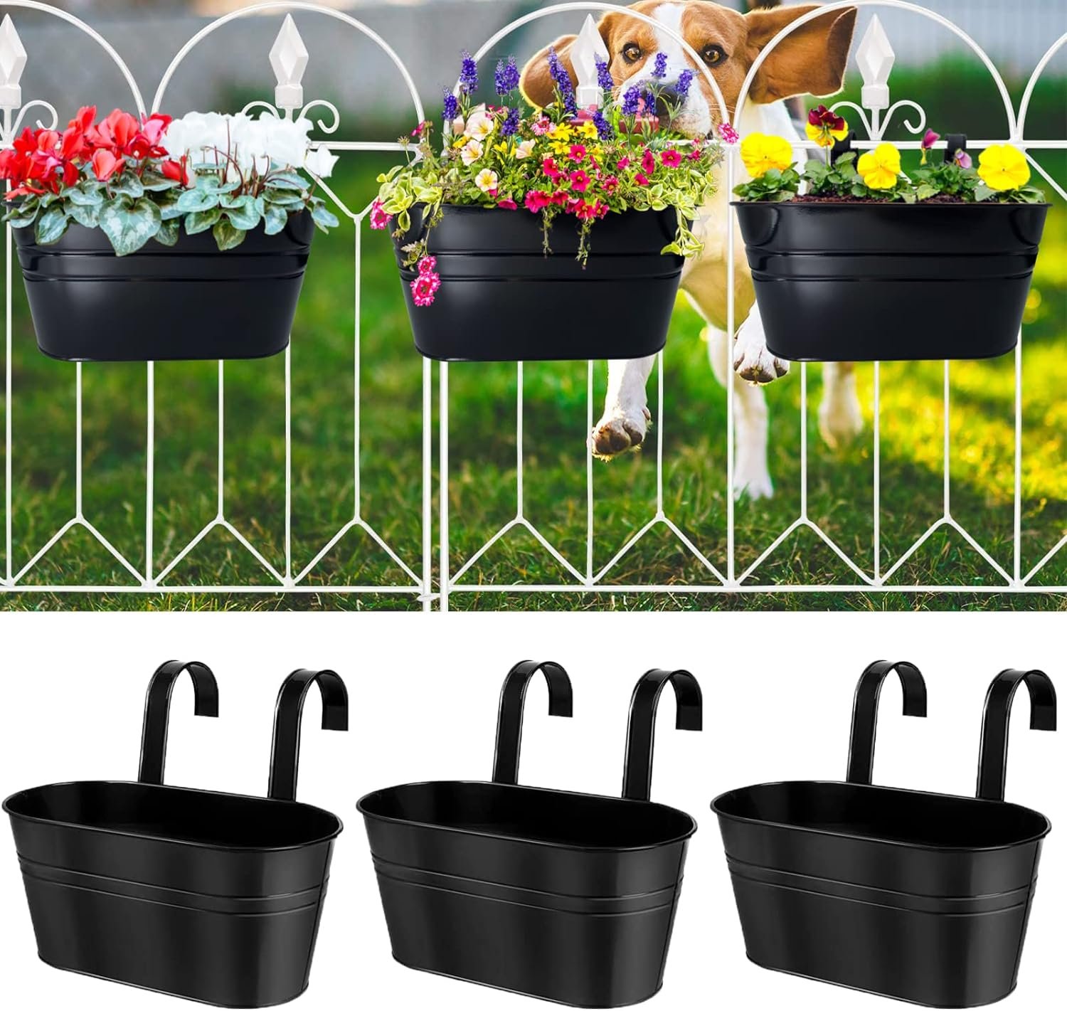 3Pcs Metal Wall Planters,10 inches Oval Metal Railing Planter, Balcony 3Pcs Metal Wall Planters,10 inches Oval Metal Railing Planter, Balcony Railing Hanging Plant Pot, Indoor Outdoor Hanging Plant Pot Decor, Rustic Herb Flower Plant Holder,Color - Black