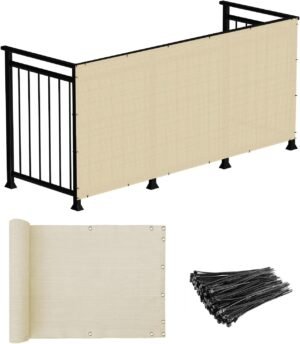 3'x10' Deck Balcony Privacy Screen for Deck Pool Fence Railings Apartment Balcony Privacy Screen for Patio Yard Porch Chain Link Fence Condo with Zip Ties Beige