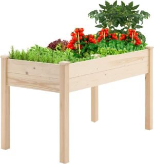 4 Feet Outdoor Wooden Raised Garden Bed Planter Box Kit for Vegetable and Fruit Herb Growing, Patio or Balcony Gardening, Natural