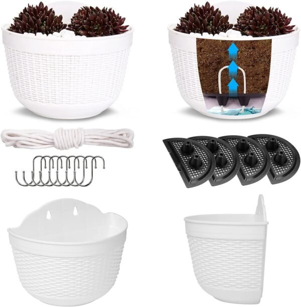 4 PCS 8 Inch Wall Planters Hanging Flower Pots for Indoor Plants Outdoor Deck Railing Fence, Premium Self Watering Succulent Window Balcony with Holes Plastic Planter Holder Mount (White)