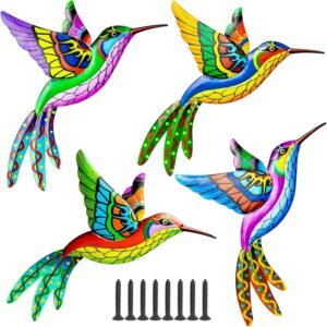 4 Pack Metal Hummingbird Wall Art Decor 10.5 Inches, 3D Outdoor Wall Art Patio Fence Decorations, Colorful Metal Yard Art Hanging Garden Decor for Outside, House, Porch, Living Room, Christmas Gift