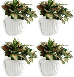 4 Pack Resin Wall Hanging Planter Pot Vertical Garden Living Wall Mount Window Hang Indoor Outdoor Plant Flower Basket for Kitchen Herbs Balcony Railing Shelf Fence Bedroom Trellis Decor Modern White