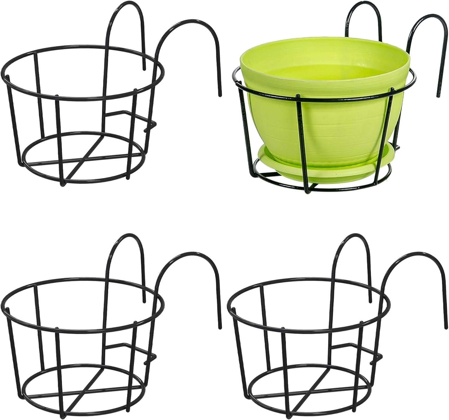 4 Pack Round Hanging Railing Planters - Metal Flower Pot 4 Pack Round Hanging Railing Planters - Metal Flower Pot Holder for Balcony and Fence (Black)
