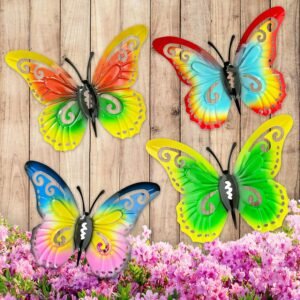 4 Pcs Metal Butterfly Wall Decor, Colorful and Exquisite Art Sculpture Iron Hanging Decoration Balcony Outdoor Manor Fence Courtyard Farm Decoration