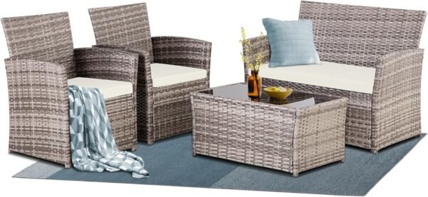 4 Piece Outdoor Furniture Set, Patio Wicker Sectional Sofa with Tempered Glass Coffee Table and Cushions, Rattan Conversation Set for Garden Backyard Balcony (Gray Wicker/Beige Cushion)