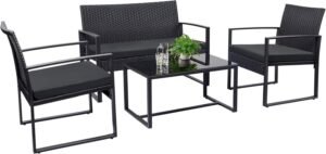 4 Pieces Patio Furniture Set Outdoor Patio Conversation Sets Modern Porch Furniture Lawn Chairs with Glass Coffee Table for Home Garden Backyard Balcony (Black)