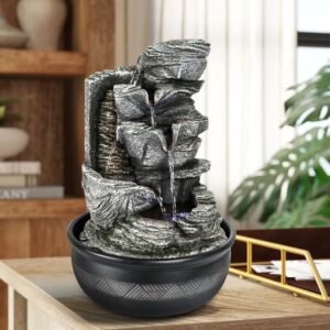 4-Tier Relaxation Tabletop Water Fountain Indoor Waterfall with LED Lights - Stacked Rocks Indoor Waterfall Feature Home Decor for Bedroom,Dining are,Office, 15.7" Tall, Gray