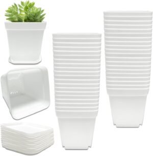 48PCS White Plastic Nursery Pots, 3 Inch Square Plants Nursery Pot,Small Flower Pots for Indoor Outdoor Plants, Garden Office and Home Balcony Decor