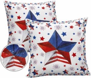 4th of July Outdoor Pillow Covers 18x18inch Set of 2, Polyester Waterproof Throw Pillow Covers Garden Cushion Decorative Case for Patio Couch Memorial Day Decoration, Patriotic Star American USA Flag