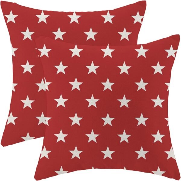 4th of July Pillow Covers 18x18 Set of 2, Red Independence Day Stars Decorative Outdoor Throw Pillows Linen Memorial Day Patriotic Cushion Pillow Covers for Sofa Couch Summer Outdoor Decor