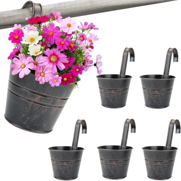 5 PCS 4.9 Inches Metal Hanging Flower Pots, Countryside Style Window Flower Plant Holder with Hooks, Great for Railing Fence, Balcony, Garden, Indoor Outdoor Home Décor