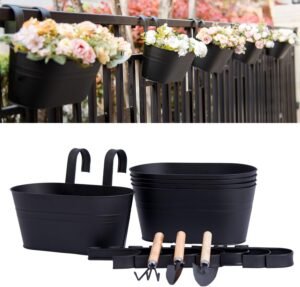 5 Pack Metal Hanging Flower Pots for Railing Fence，Outdoor Balcony Rail Planter with Garden Tools Detachable Hooks Drainage Holes for Deck Garden Home Decor Black