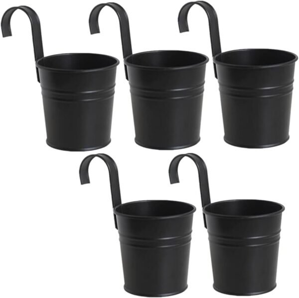 5 Pcs Hanging Flower Pots Metal Iron Bucket Planter Pot Metal Bucket Flower Holder with Hook Indoor Outdoor Decor for Railing Fence Balcony Garden (black)