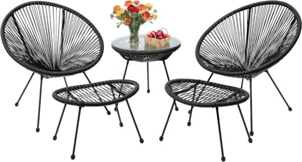 5 Piece Acapulco Chair Set, Outdoor Acapulco Chairs, Oval Furniture Set, Woven Patio Bistro Set, Balcony Table and Chairs with Footrest, Black