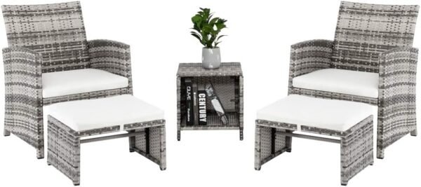 5 Piece Wicker Patio Furniture Set, Outdoor Patio Conversation Set with Ottoman, Outdoor Grey Rattan Chair and Table Set, Balcony Furniture for Apartments, with Beige Cushions