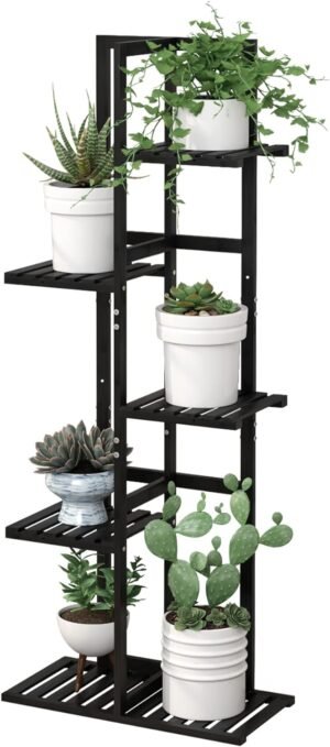 5 Tier Bamboo Plant Stand Rack 6 Potted Multiple Flower Pot Holder Shelf, Indoor&Outdoor Planter Display Shelves for Patio Garden, Living Room, Corner Balcony and Bedroom,Black