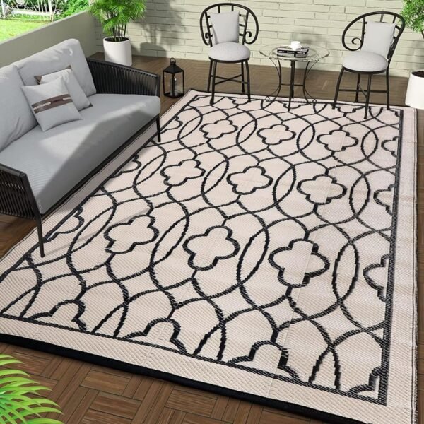 5' x 8' Outdoor Rug for Patio, Reversible Plastic Waterproof Rugs, Clearance Mat, Rv, Camping, Deck, Porch, Camper, Balcony, Black & Beige