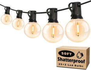 50FT Outdoor String Lights Waterproof, Bright 2700K LED Patio Lights String with 27 G40 Shatterproof Globe Bulbs, Connectable Edison String Lights for Outside, Garden, Balcony, Porch