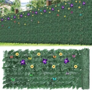 54 PCS Artificial Ivy Privacy Fence Screen, 157"X70.8" Inch Artificial Hedges Fence Faux Ivy Scindapsus Aureus Leaves Decoration with Flowers & Butterflies for Outdoor Decor, Garden, Yard, Balcony