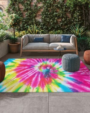 5x8 Outdoor Rug Waterproof for Patio Tie-dye Ethnic,Washable Outdoor Carpet Large Area Rug Hippie Rainbow Patio Rug for Porch,RV,Picnic,Backyard,Deck,Balcony,Beach