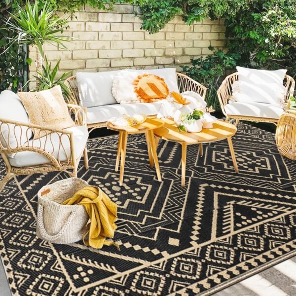 5x8 ft Outdoor Rug for Patio Clearance Reversible Mat Waterproof Plastic Straw Rug RV Camping Rug Outside Area Rug for Deck Porch Backyard Picnic Terrace Balcony Pool Garden,Black & Beige