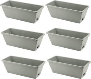 6 Pack 17 Inch Window Box Planter, Rectangular Flower Pots with Trays, Plastic Window Vegetable Planter Box for Windowsill, Garden, Balcony, Grey