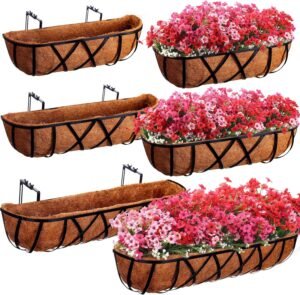 6 Pack Window Planter 30'' 24'' 16'' Deck Railing Hanging Planter Box with Coconut Liner Adjustable Hook Metal Deck Pot for Sill Balcony Courtyard Garden Terrace Fence