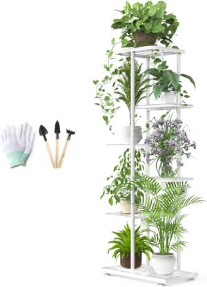 6 Tier 7 Potted White Plant Stand Indoor Outdoor with Gardening Tools and Gloves, Upgraded Corner Metal Plant Rack UnitShelf for Multiple Plants,Tall Flower Pot Holder Display for Patio, Balcony, Living Room