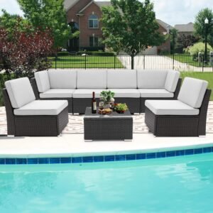 7 Pieces Patio Furniture Sets, Outdoor PE Rattan Sectional Sofa Conversation Set, All Weather Conversation Set w/6 Seat Cushions and 1 Coffee Table (Light Gray)