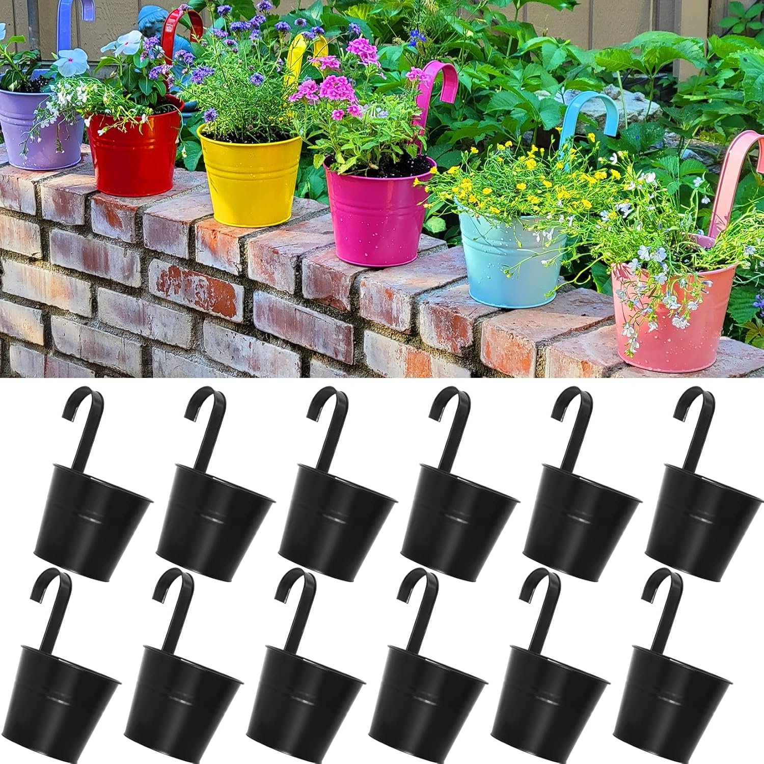 ARTKETTY 12 Pack 6.3 Inch Hanging Flower Pots, Railing Balcony ARTKETTY 12 Pack 6.3 Inch Hanging Flower Pots, Railing Balcony Planters for Indoor Outdoor Plants, Hanging Herb Planters for Window Wall Fence with Detachable Hook Metal Bucket Flower Holders
