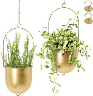 AceList Boho Hanging Planter, Set of 2 Gold Metal Plant Hanger with Hooks and Chains, Modern Wall & Ceiling Planters Outdoor/Indoor Hanging Planter for Window, Porch, Balcony and Home Décor