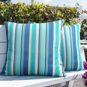 Adabana Blue Outdoor Waterproof Throw Pillow Covers 18x18, Decorative Colorful Striped Pillows Cover Set of 2 for Patio Garden Porch