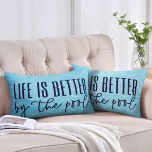 Adabana Outdoor Waterproof Throw Pillow Covers 12x20 Inch Set of 2 Blue Decorative Porch Lumbar Pillows Cover for Patio Furniture Garden, Life is Better by The Pool