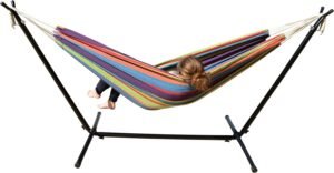 Akari 9.5 ft Portable Outdoor Patio Double Hammock Swing Bed with Metal Stand (Tropical)