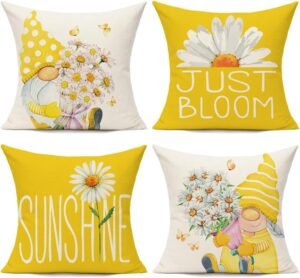 All Smiles Outdoor Yellow Throw Pillow Covers 18x18 Set of 4 Spring Summer Decorative Cushion Cases Home Décor Decorations for Patio Couch Chair Sofa,Daisy Floral Gnomes