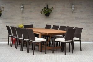 Amazonia Jefferson 13-Piece Patio Extendable Dining Table Set | Light Teak Finish and Wicker Chairs | Ideal for Outdoors and Indoors, 13Piece