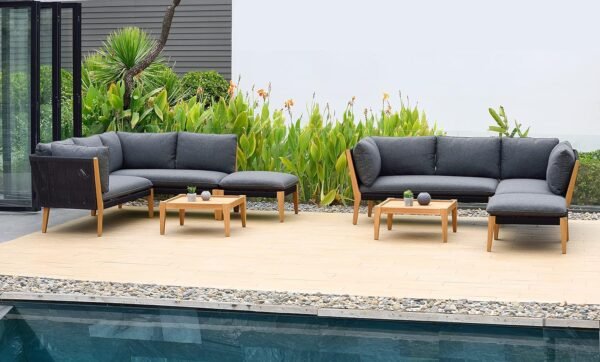 Amazonia Kentucky 10-Piece Sectional Set Teak Finish and Weather Resistant Black Cushions| Durable and Ideal Outdoors