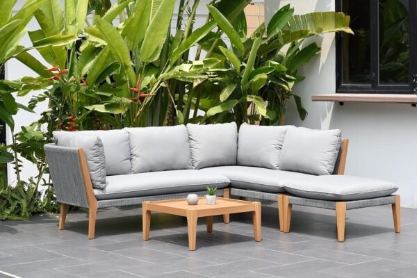 Amazonia Kentucky 4 Piece Sectional Set Teak Finish and Weather Resistant Grey Cushions| Durable and Ideal Outdoors