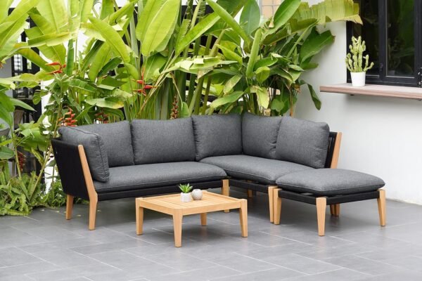 Amazonia Kentucky 5 Piece Patio Sectional Set | Teak Finish and Weather Resistant Black Cushions| Durable and Ideal Outdoors