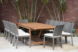 Amazonia Nixon Eucalyptus/Wicker Extendable Rectangular Dinin, 13 Piece, Light Teak Finish