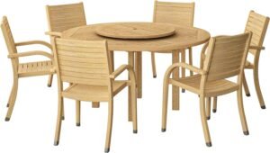 Amazonia Powell 7-Piece Wood Patio Dining Set | Round Table with Lazy Susan | Ideal for Outdoors, Light Brown-Teak Finish