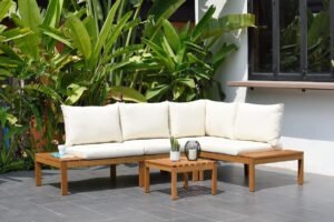 Amazonia Queens Patio Sectional Set | Teak Finish and Weather Resistant Off-White Cushions| Durable and Ideal for Outdoors