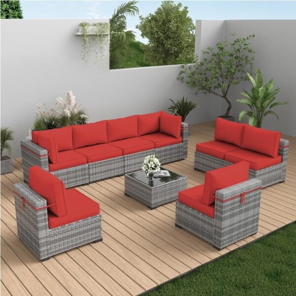 Amopatio Patio Furniture Set, Outdoor Patio Furniture Wicker Furniture Couch Set, 9 Pieces Outdoor Sectional Sofa with Patio Furniture Cover, Outdoor Patio Set for Porch Furniture (Light Red)