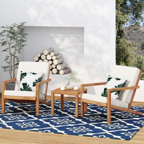 Angel Sar 3 Piece Patio Set, Acacia Wood Patio Table and Chairs Set with Waterproof Cushion, Outdoor Patio Furniture Set with Small Table & 2 Adirondack Chairs for Deck, Patio, Backyard, Garden, Teak
