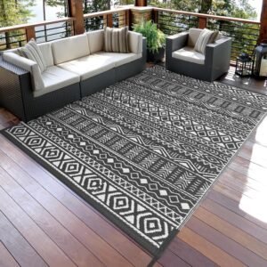 Anidaroel Outdoor Rug 5'x8' Waterproof for Patio Decor, Reversible Plastic Straw Outdoor Area Rug, Stain & UV Resistant RV Camping Mat for Porch, Balcony, Pool Deck, Backyard, Gray&White