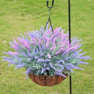 Artificial Fake Hanging Flowers Plants Basket for Outdoor Spring Decor, Faux Lavender in Pot Planter Realistic UV Resistant for Home Outside Patio Porch Balcony Yard