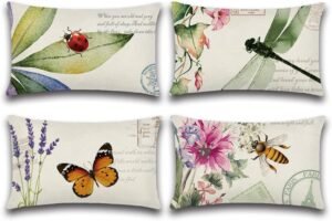 Artscope Set of 4 Waterproof Throw Pillow Covers 12x20 Inches, Decorative Spring Cushion Covers for Outdoor Patio Garden Living Room Sofa Farmhouse Decor (Insects & Plant)