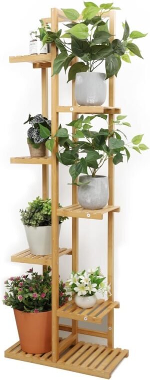BAMOTTO 7 Tier Large Bamboo Plant Stand, Indoor Outdoor Home Patio Lawn Garden Balcony Organizer Planter Holder, Bamboo Plant Shelf Corner Display Rack, 17.7x8.7x49.2 inches