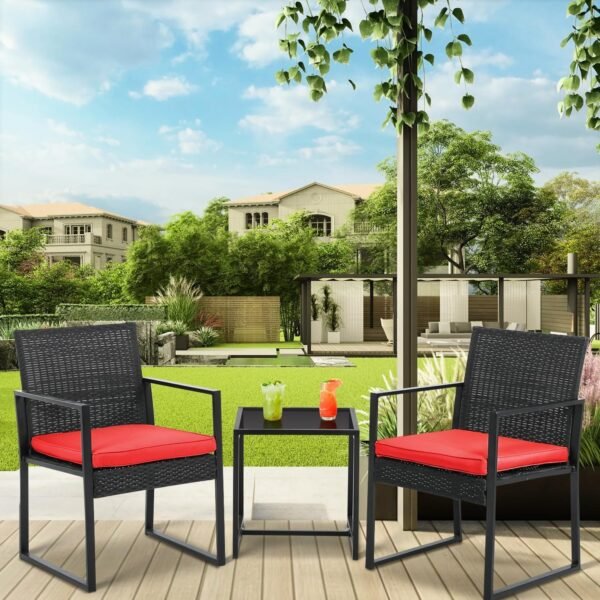 BLKMTY Patio Furniture Sets 3 Pieces Patio Set Outdoor Wicker Furniture Sets Modern Rattan Conversation Sets with Coffee Table Rattan Chairs and Square Table for Yard Balcony Bistro Sets, Red